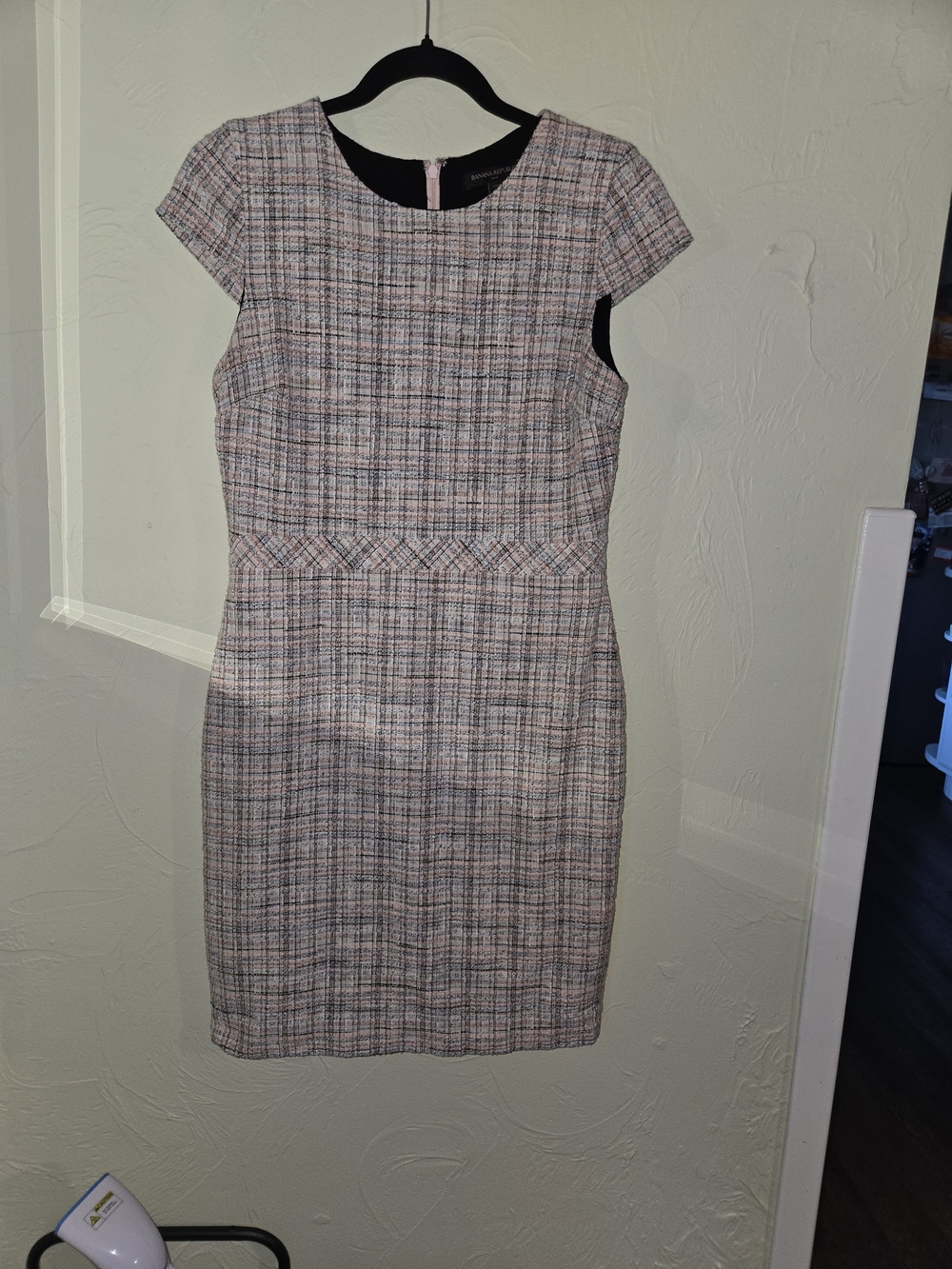 Banana Republic Pink and Gray Plaid Cap-Sleeve Sheath Dress